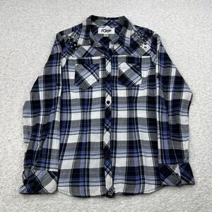 Y2K Fox Racing Womens Plaid Studded Western Button Down Shirt Blue Black Large L